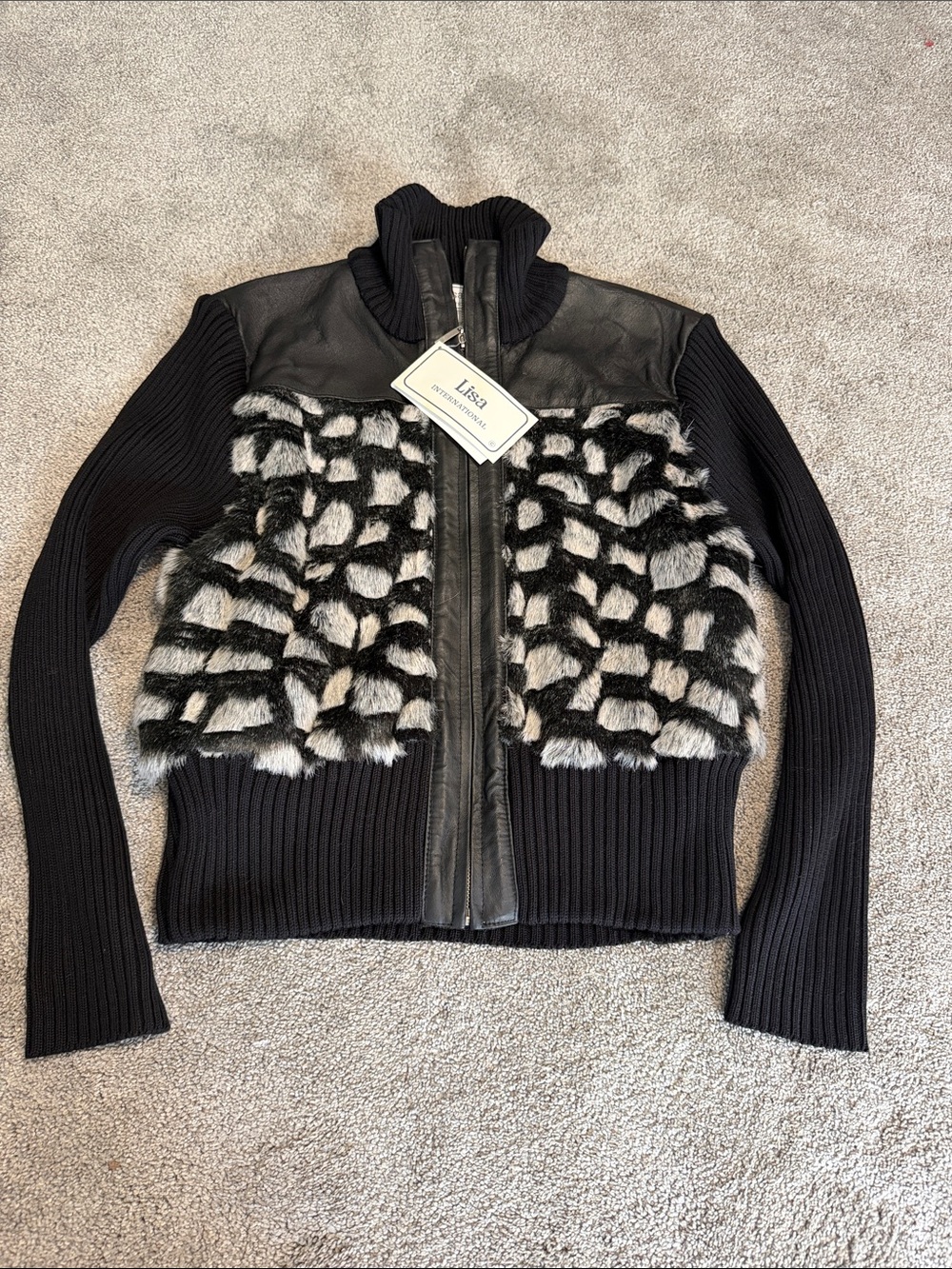 Lisa international Black Knit & Leather Jacket with Black & Gray Faux Fur Panels